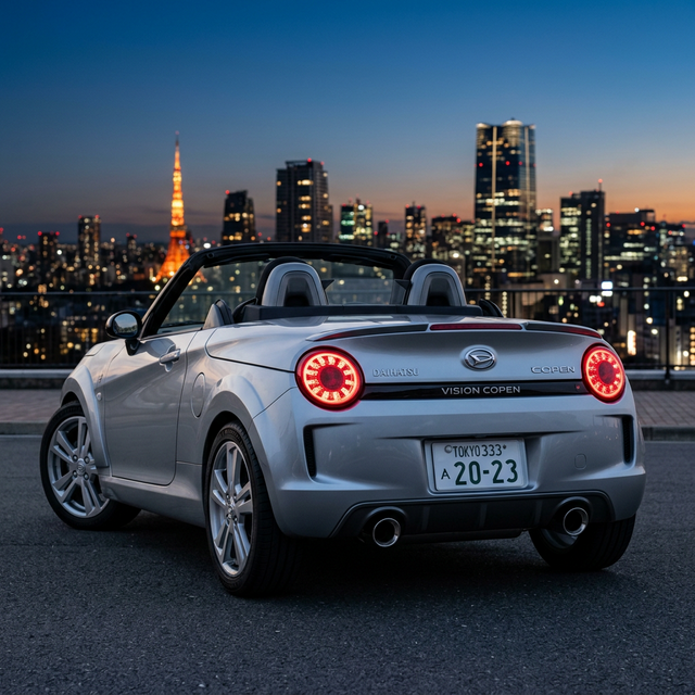 夜の街を駆け抜ける、特徴的な丸型テールランプを備えたFRビジョンコペン