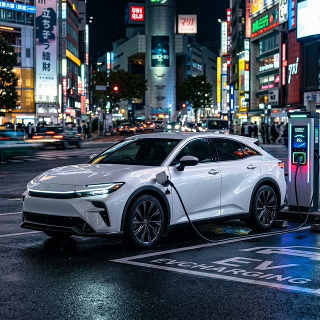 夜の街で美しく発光しながら充電する近未来のBEV