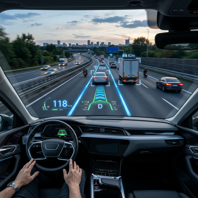 最先端の運転支援システムが投影された近未来的なHUDのイメージ