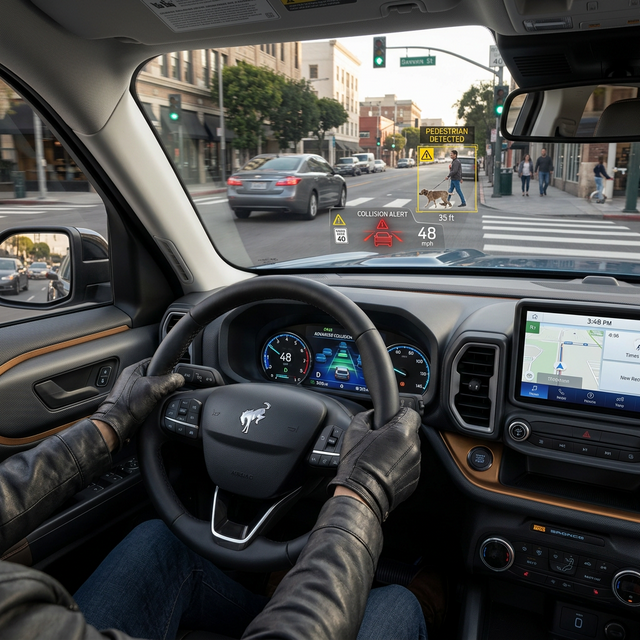 最新の安全運転支援システム（DSBSII）が直感的に警告を行う近未来的なHUDのイメージ