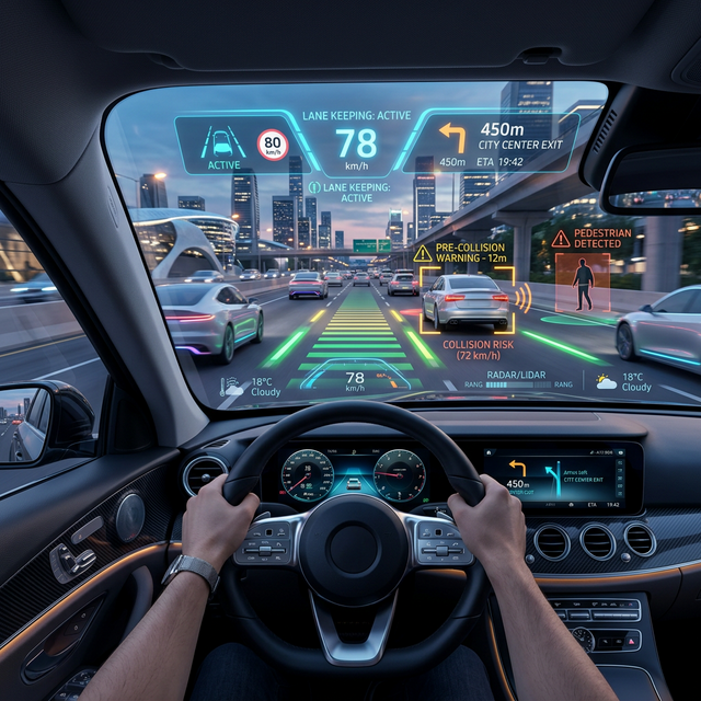 最新の安全運転支援システムが動作する近未来的なHUDのイメージ