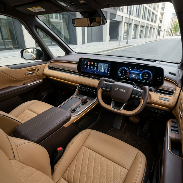 大型OLEDディスプレイと温かみあるベージュ内装の次世代ノア運転席