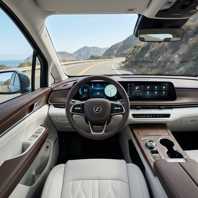 大型の曲面OLEDディスプレイとヨーク型ステアリングを備えた運転席の予想CG