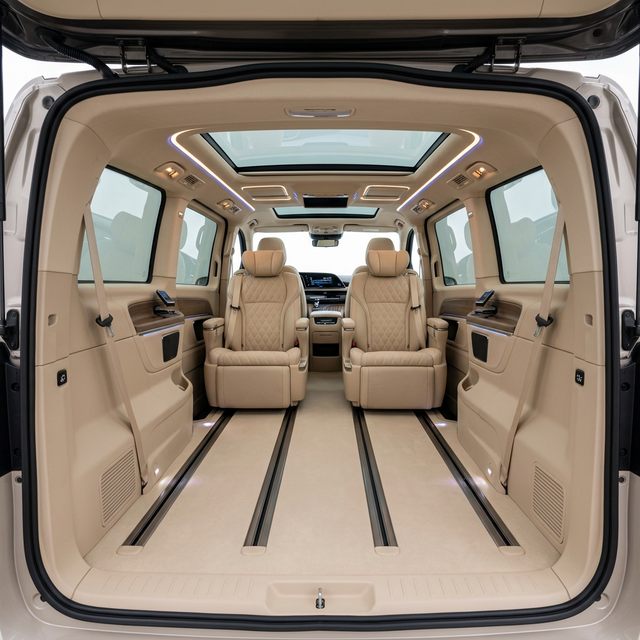 ロングスライドレールとフラットな床面が広がる広大な後部キャビンの予想CG